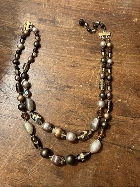 Triple-Strand Brown Pearl & Glass Bead Necklace